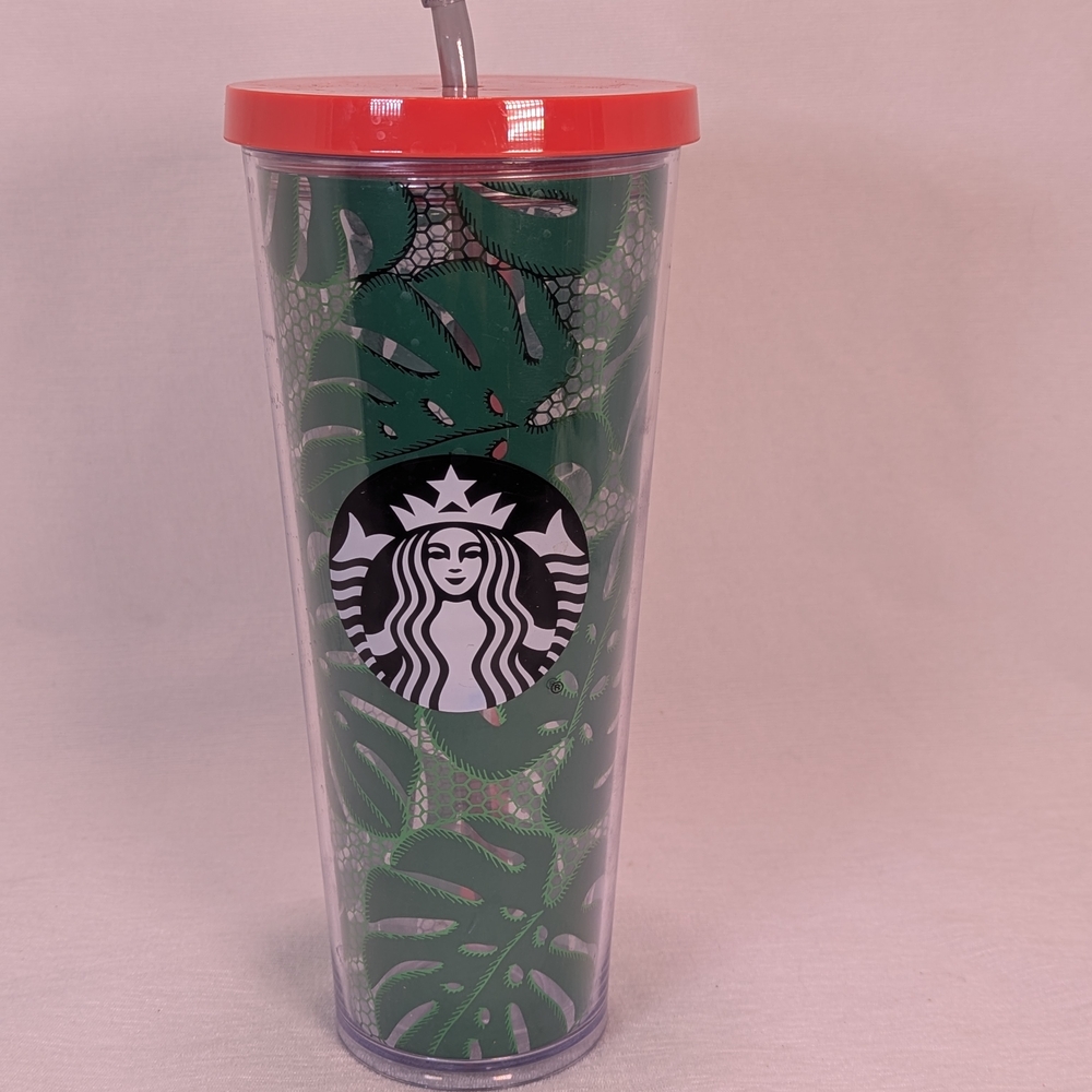 Starbucks Green Venti Tropical Banana Leaves 24oz Cold Cup Tumbler With Red Lid